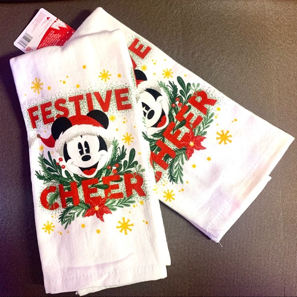 DISNEY MICKEY MOUSE “Festive Cheer” Christmas Kitchen Towels 2Pk - Picture 1 of 5